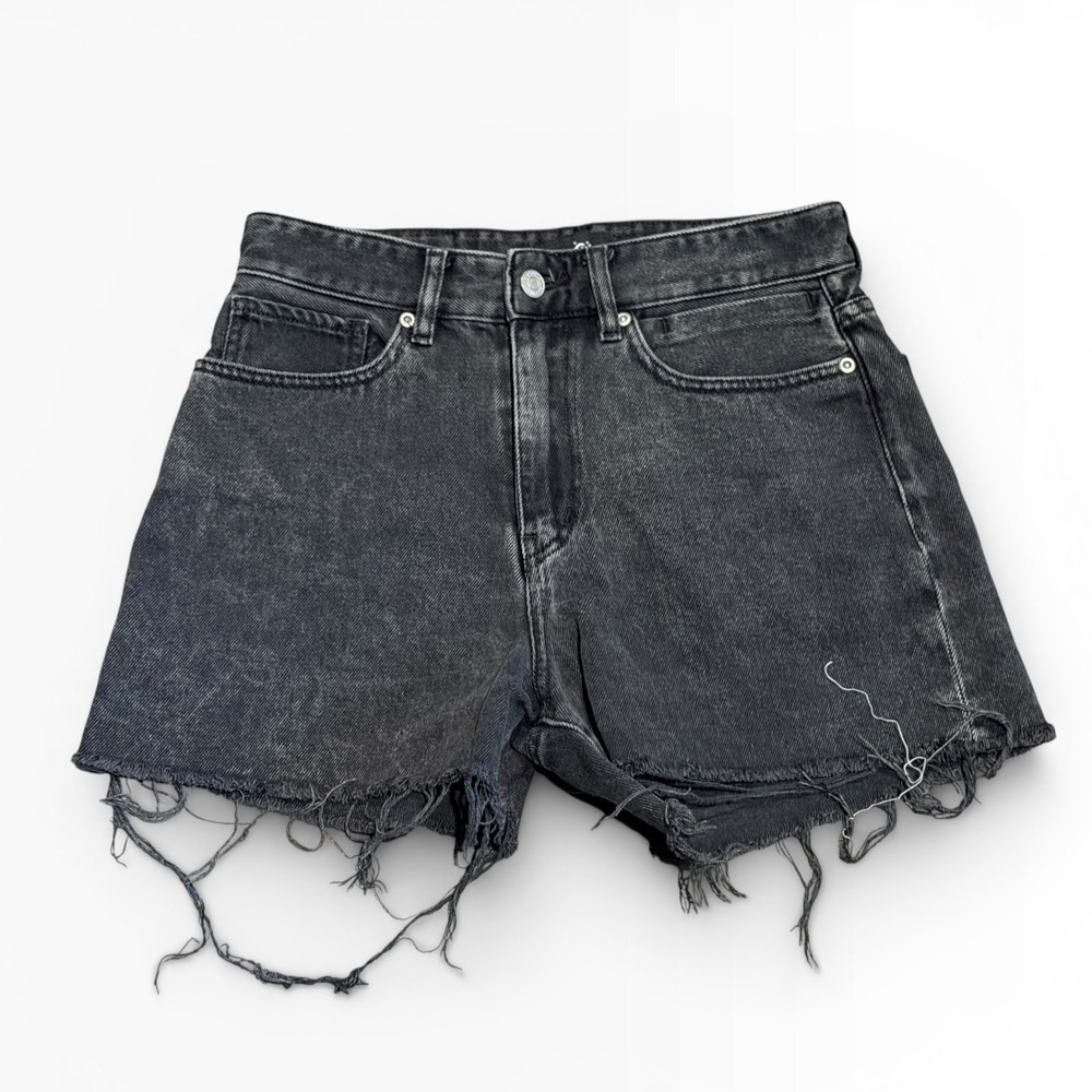 Quiksilver High Rise Distressed Denim Shorts Faded Black Raw Hem Size 26 Casual